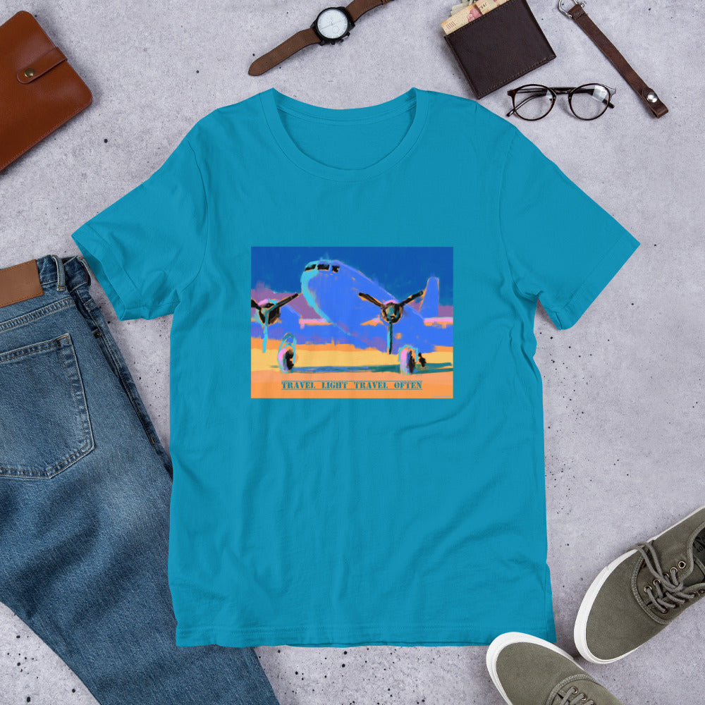 Travel Light Travel Often - Blue/Yellow Airplane - Unisex t-shirt