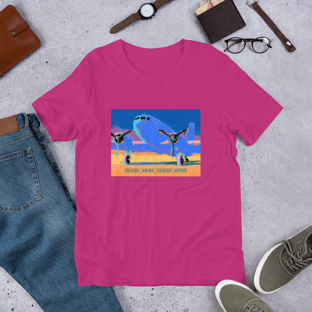 Travel Light Travel Often - Blue/Yellow Airplane - Unisex t-shirt