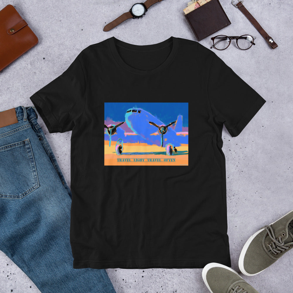 Travel Light Travel Often - Blue/Yellow Airplane - Unisex t-shirt