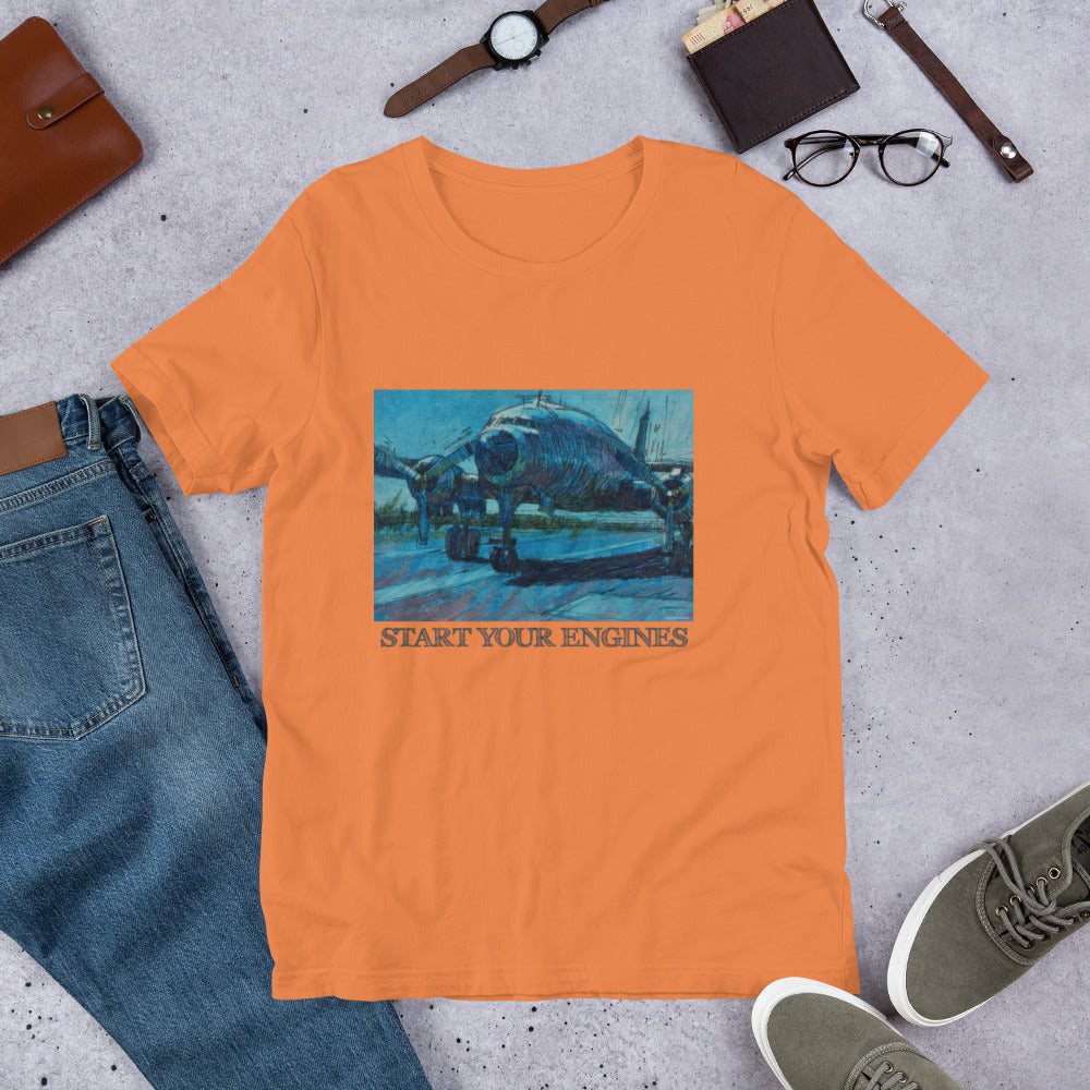 Start Your Engines - Airplane - Dark Blue/Linework - Dark Font - Unisex t-shirt