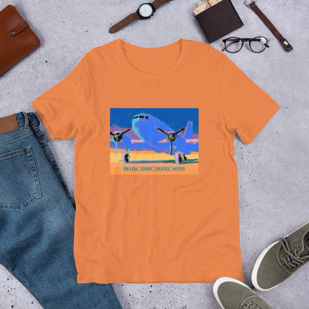 Travel Light Travel Often - Blue/Yellow Airplane - Unisex t-shirt