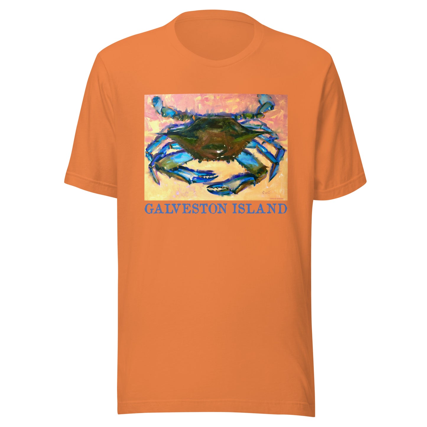 Galveston Island - Blue Crab - Dark Font - from oil painting - Unisex t-shirt