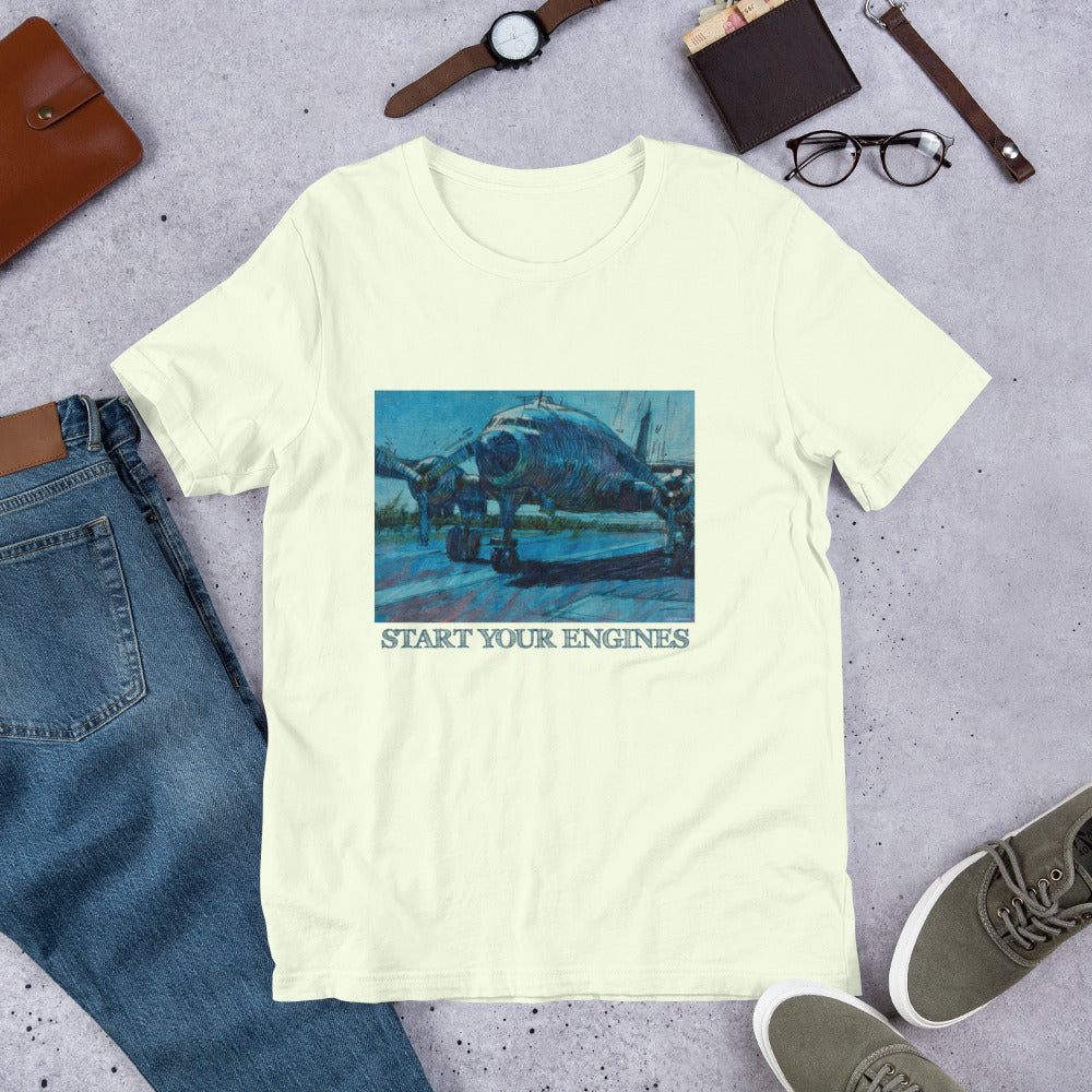 Start Your Engines - Airplane - Dark Blue/Linework - Dark Font - Unisex t-shirt
