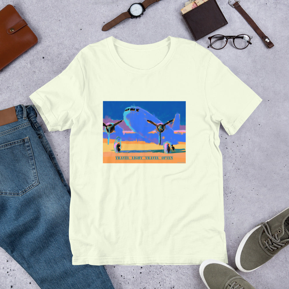 Travel Light Travel Often - Blue/Yellow Airplane - Unisex t-shirt