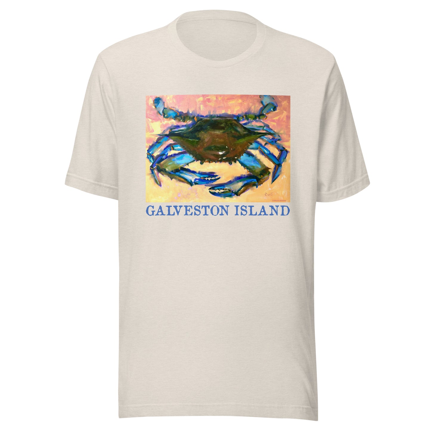 Galveston Island - Blue Crab - Dark Font - from oil painting - Unisex t-shirt