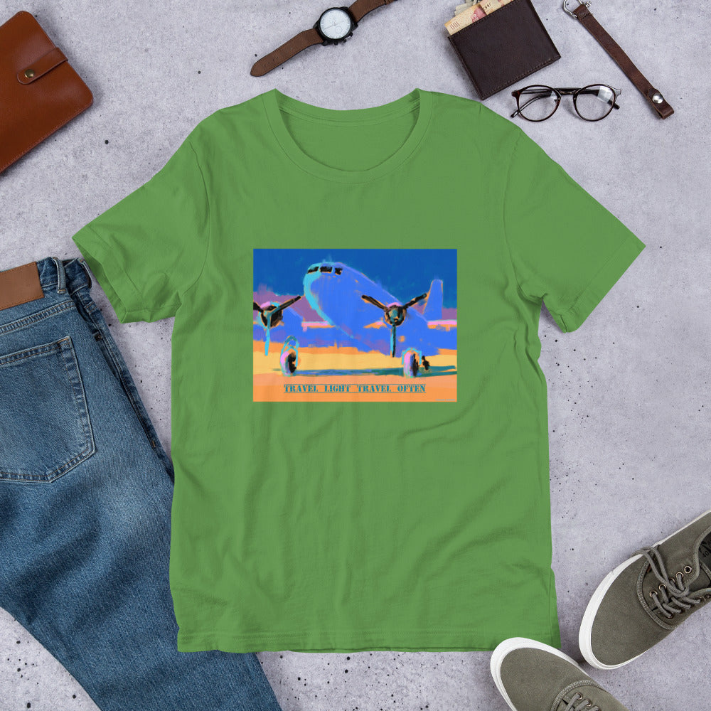 Travel Light Travel Often - Blue/Yellow Airplane - Unisex t-shirt