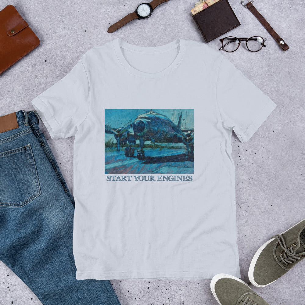 Start Your Engines - Airplane - Dark Blue/Linework - Dark Font - Unisex t-shirt