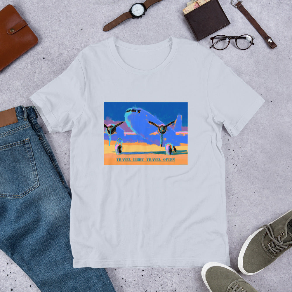 Travel Light Travel Often - Blue/Yellow Airplane - Unisex t-shirt