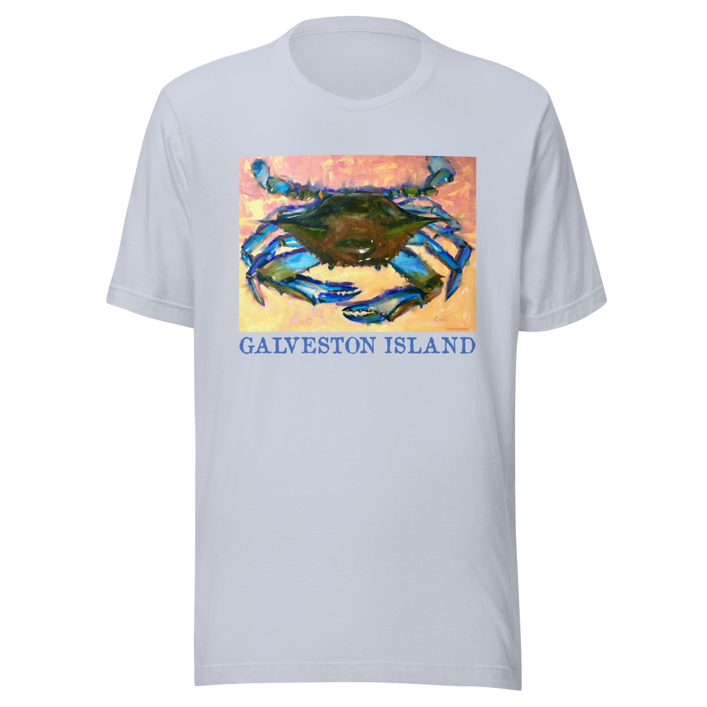 Galveston Island - Blue Crab - Dark Font - from oil painting - Unisex t-shirt