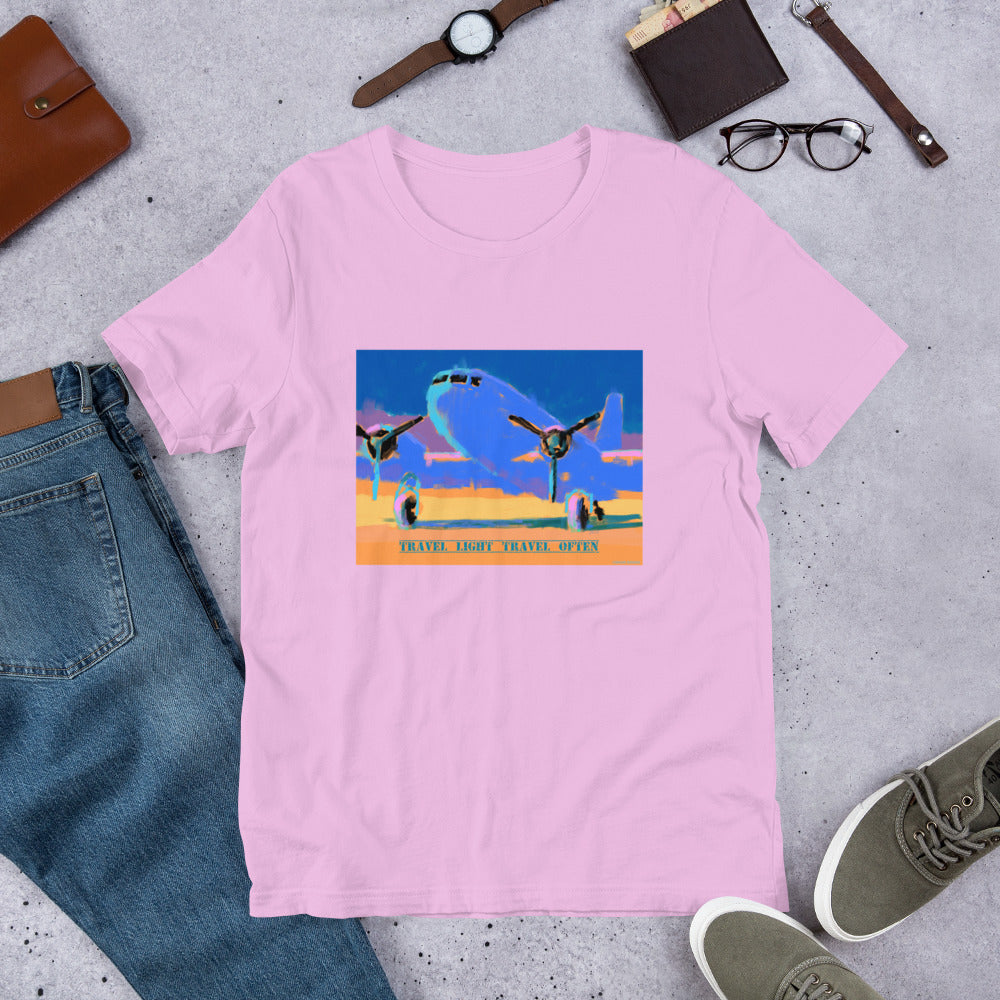 Travel Light Travel Often - Blue/Yellow Airplane - Unisex t-shirt