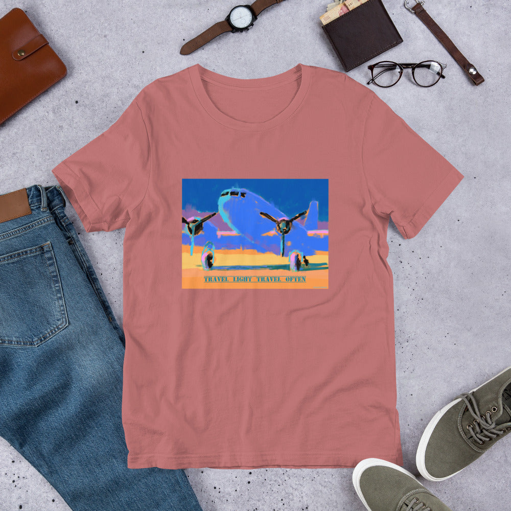 Travel Light Travel Often - Blue/Yellow Airplane - Unisex t-shirt