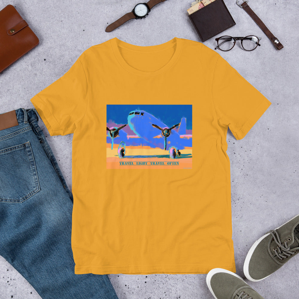 Travel Light Travel Often - Blue/Yellow Airplane - Unisex t-shirt