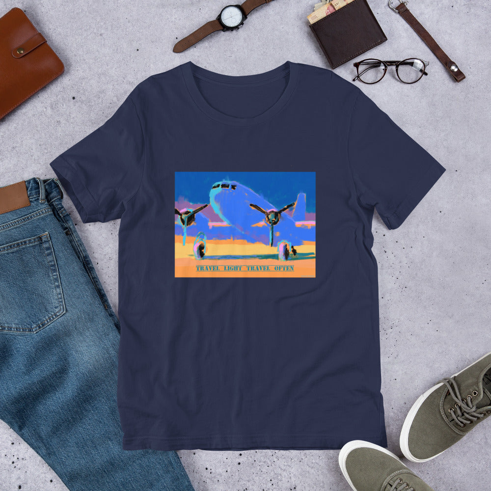 Travel Light Travel Often - Blue/Yellow Airplane - Unisex t-shirt