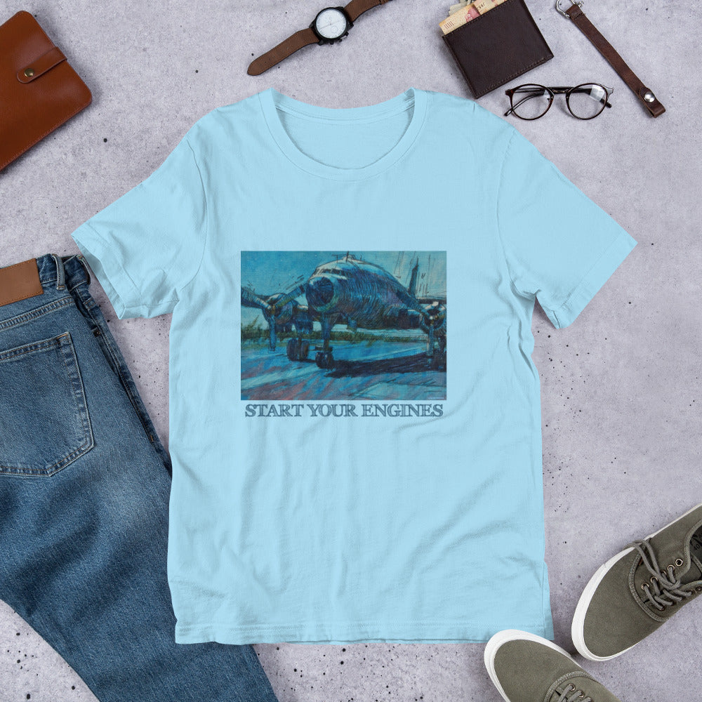 Start Your Engines - Airplane - Dark Blue/Linework - Dark Font - Unisex t-shirt