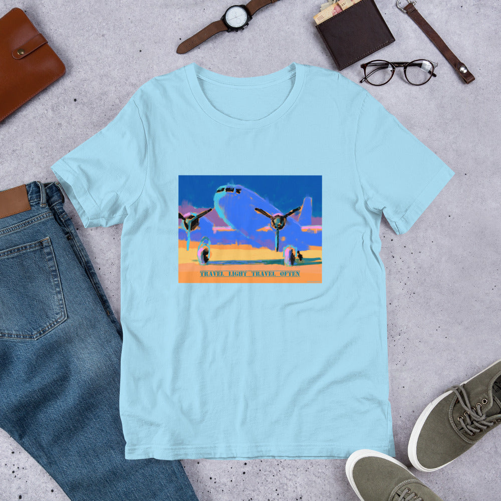Travel Light Travel Often - Blue/Yellow Airplane - Unisex t-shirt