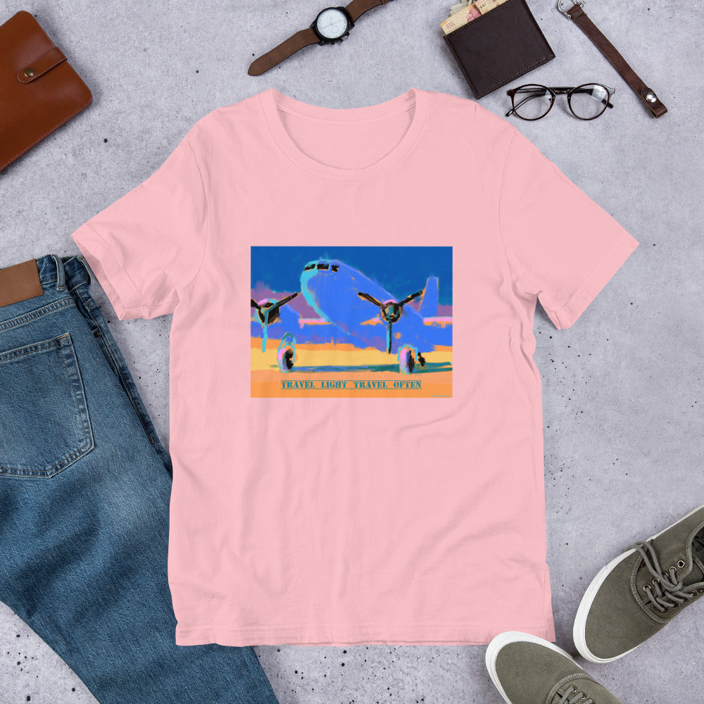 Travel Light Travel Often - Blue/Yellow Airplane - Unisex t-shirt