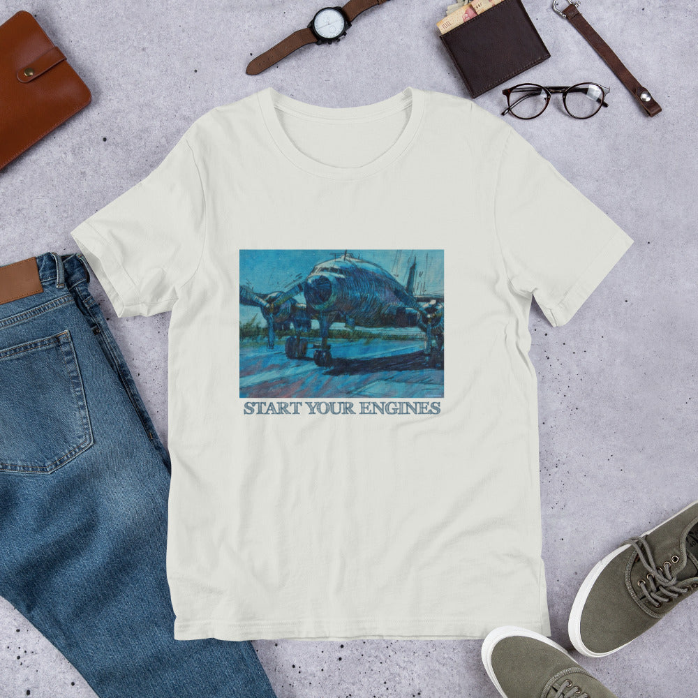 Start Your Engines - Airplane - Dark Blue/Linework - Dark Font - Unisex t-shirt