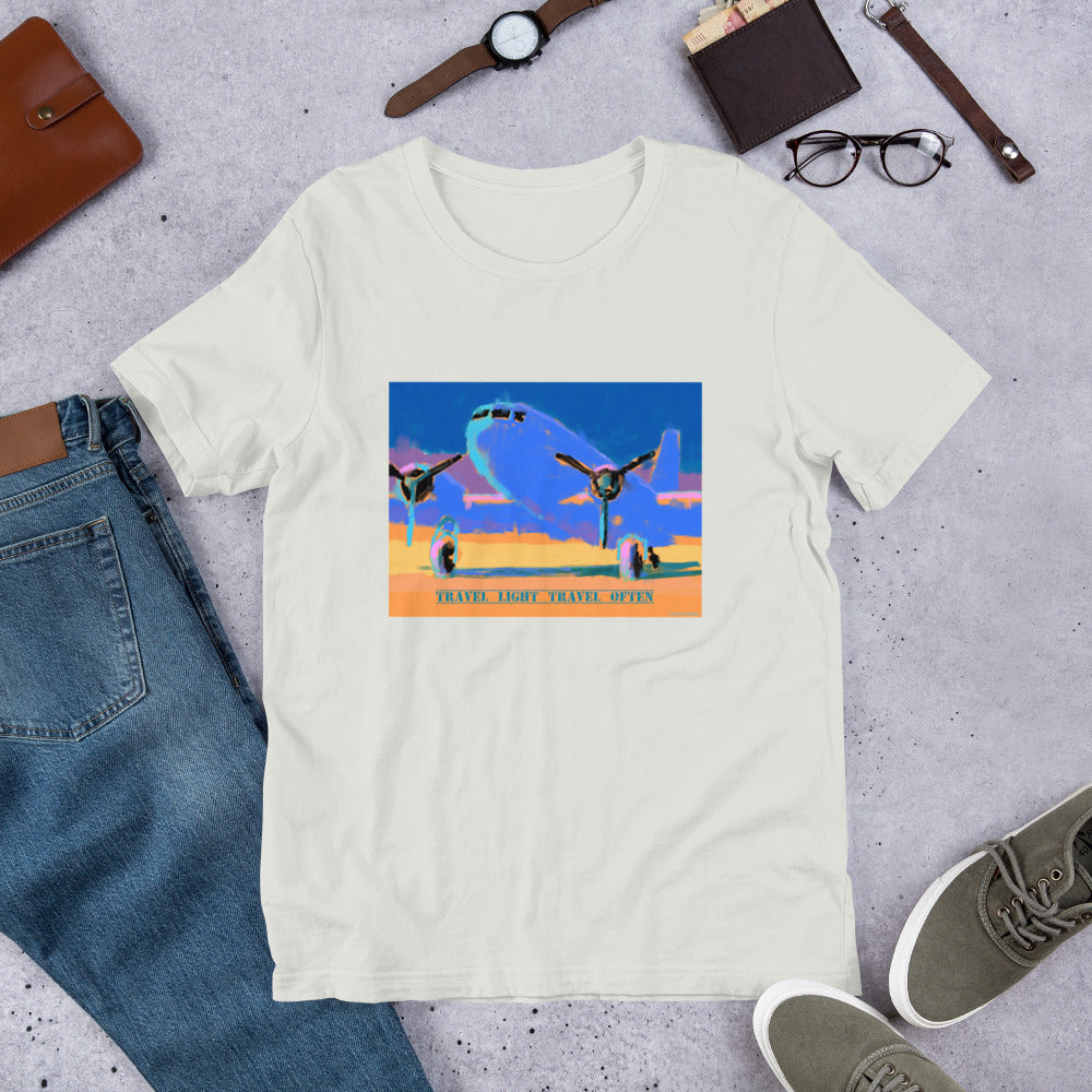 Travel Light Travel Often - Blue/Yellow Airplane - Unisex t-shirt