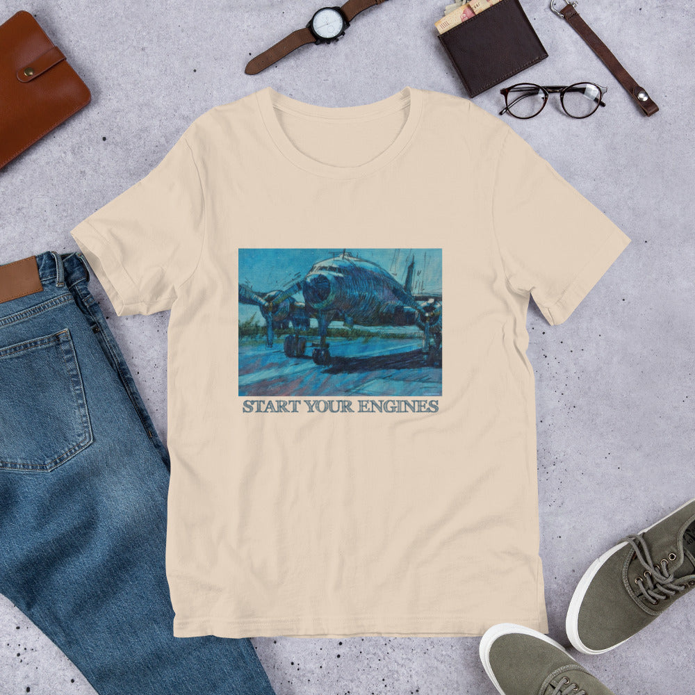 Start Your Engines - Airplane - Dark Blue/Linework - Dark Font - Unisex t-shirt