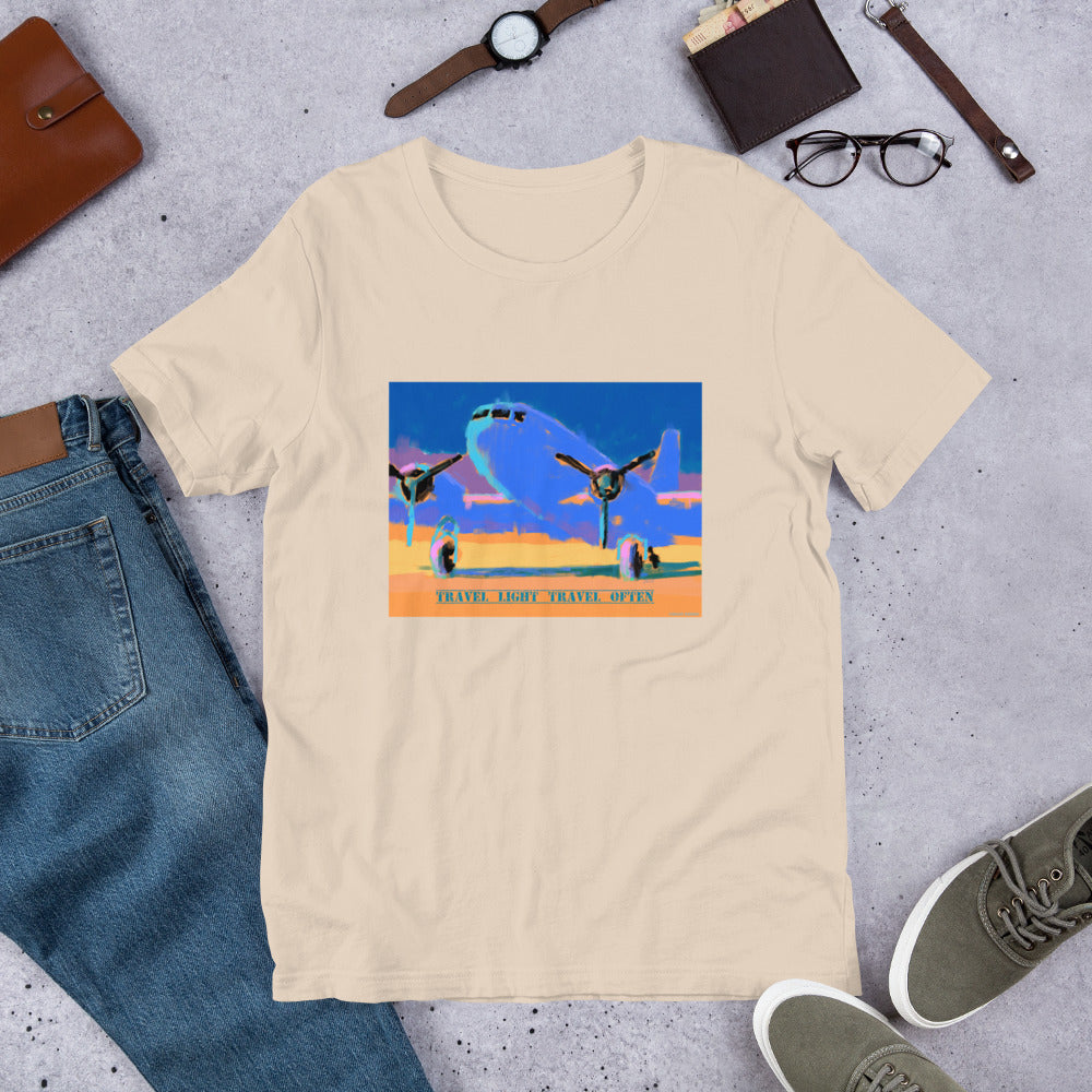 Travel Light Travel Often - Blue/Yellow Airplane - Unisex t-shirt