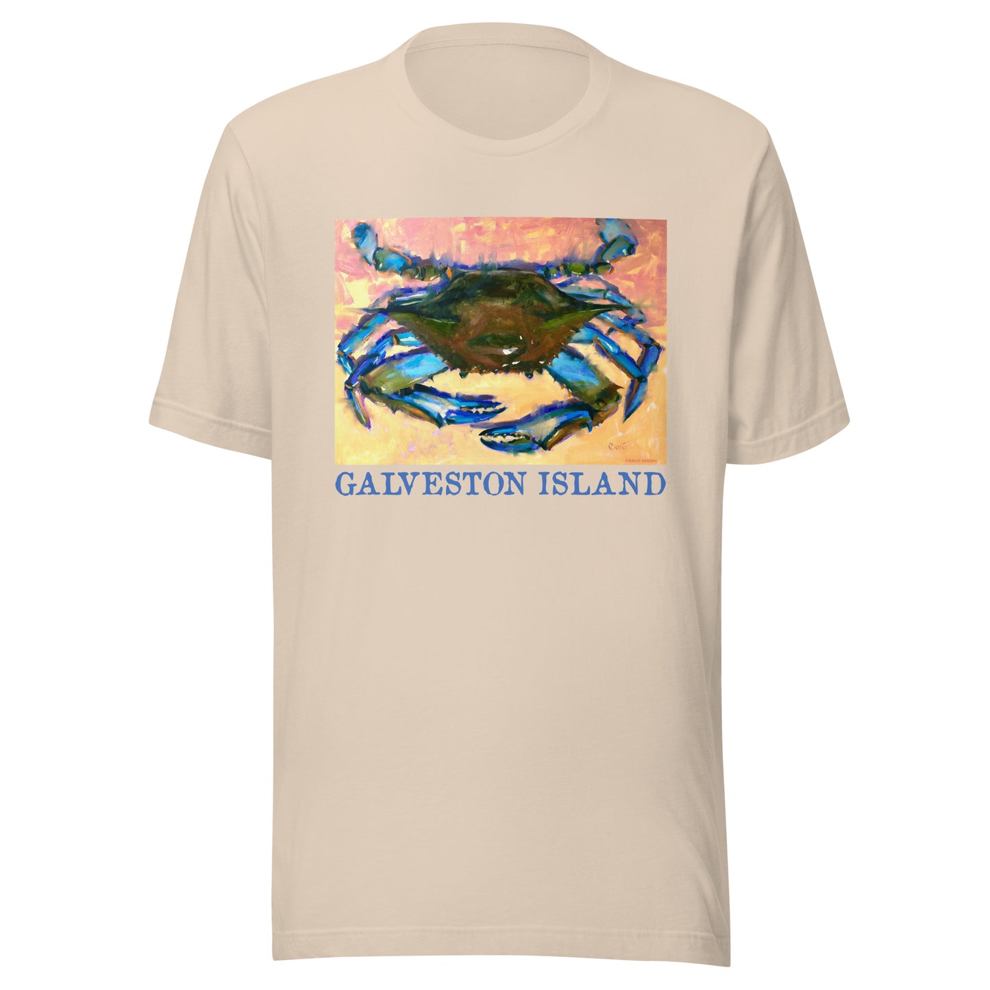 Galveston Island - Blue Crab - Dark Font - from oil painting - Unisex t-shirt