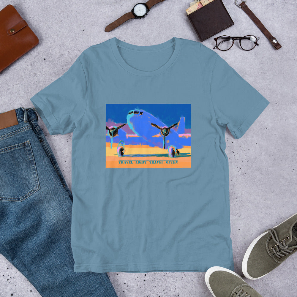 Travel Light Travel Often - Blue/Yellow Airplane - Unisex t-shirt