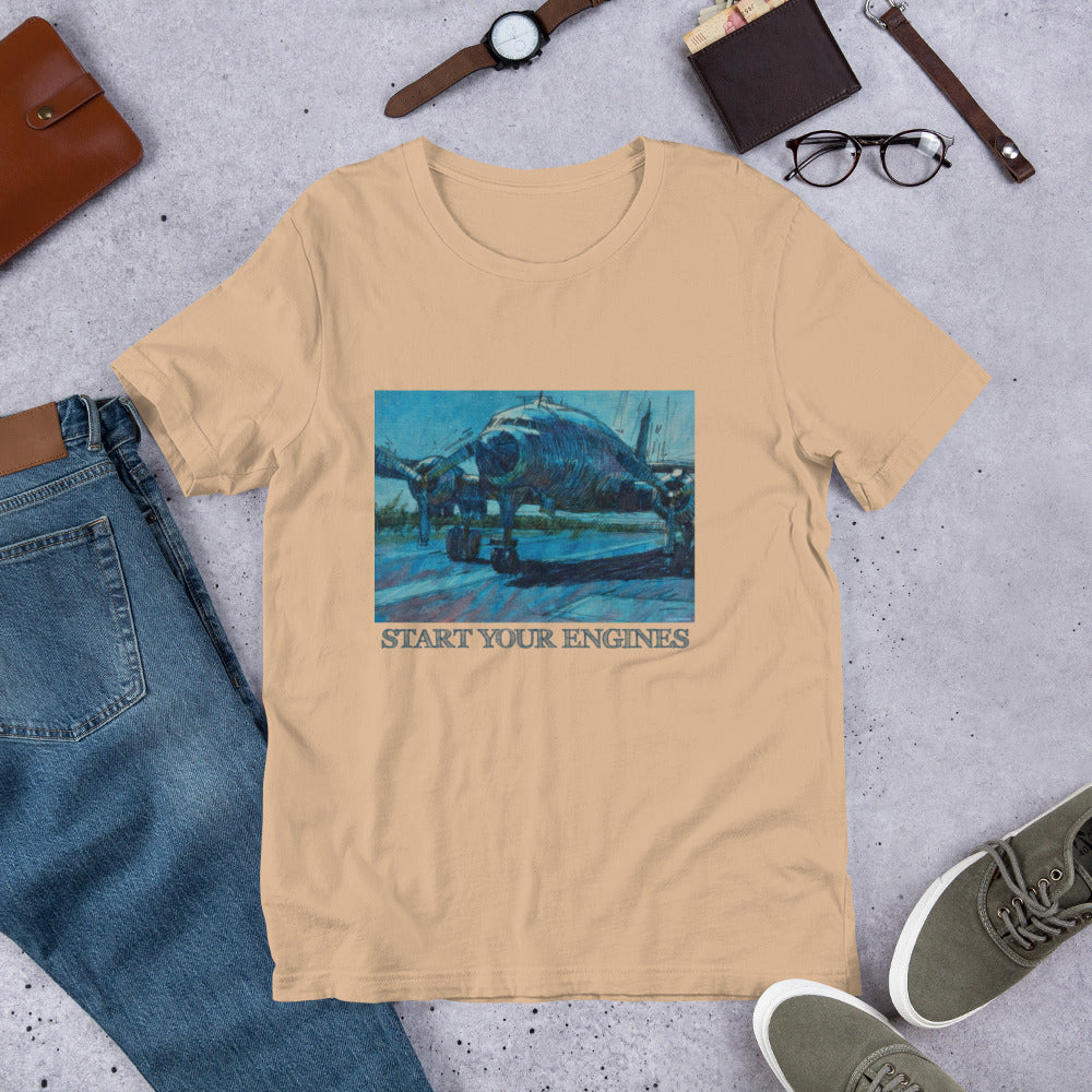 Start Your Engines - Airplane - Dark Blue/Linework - Dark Font - Unisex t-shirt