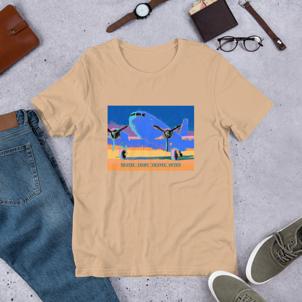 Travel Light Travel Often - Blue/Yellow Airplane - Unisex t-shirt