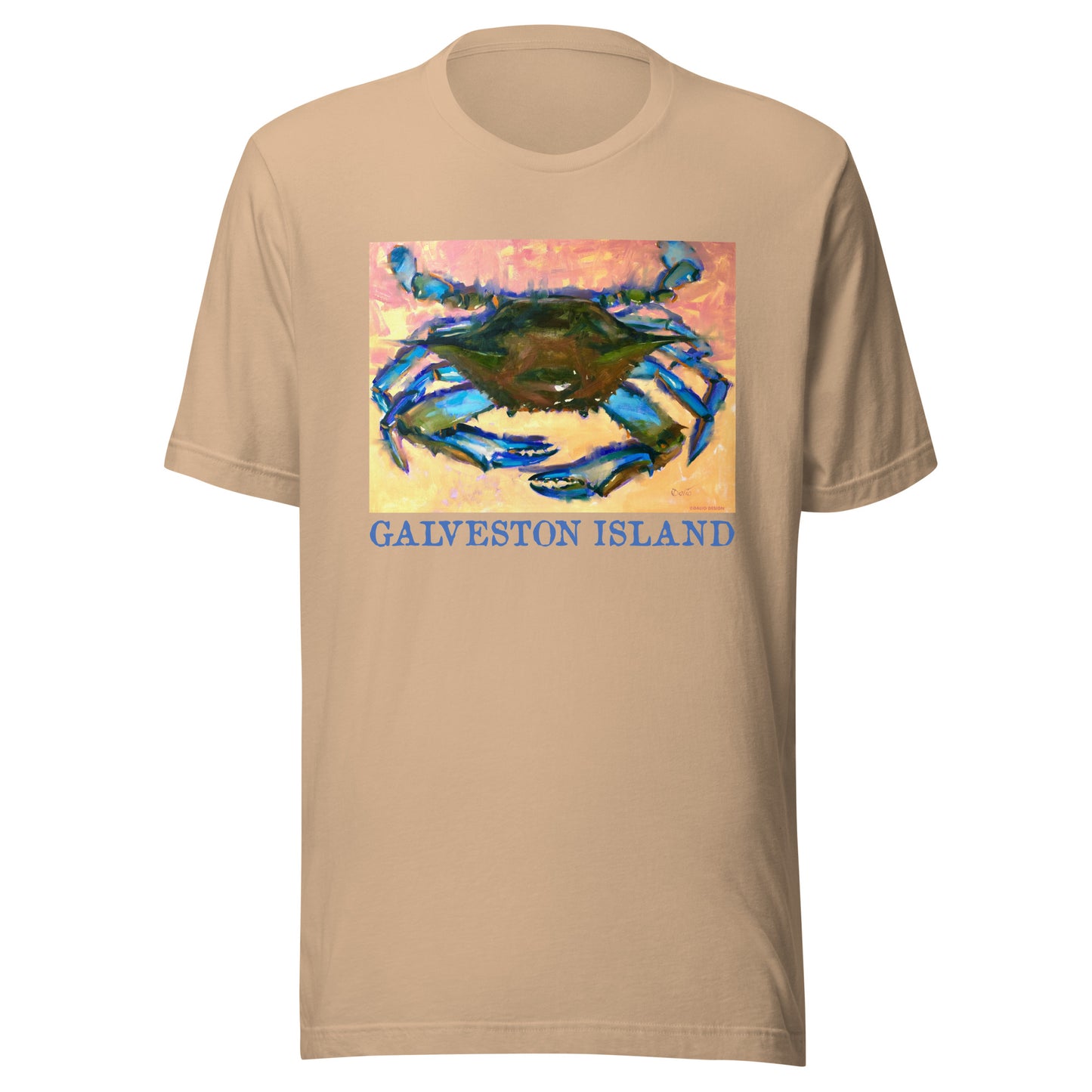 Galveston Island - Blue Crab - Dark Font - from oil painting - Unisex t-shirt