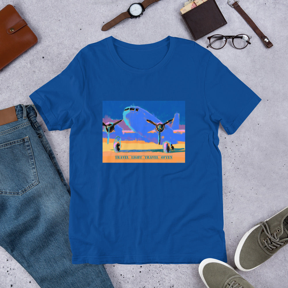Travel Light Travel Often - Blue/Yellow Airplane - Unisex t-shirt