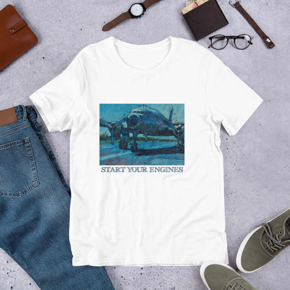 Start Your Engines - Airplane - Dark Blue/Linework - Dark Font - Unisex t-shirt