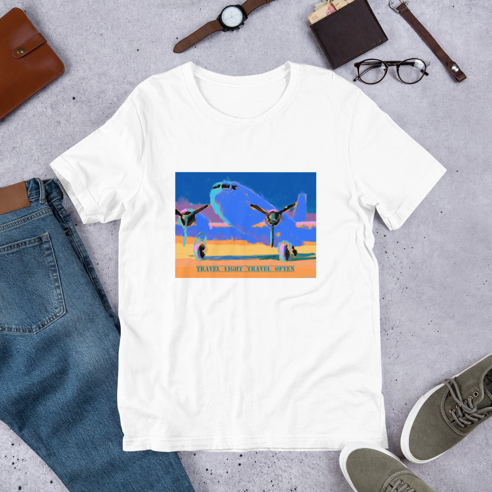 Travel Light Travel Often - Blue/Yellow Airplane - Unisex t-shirt