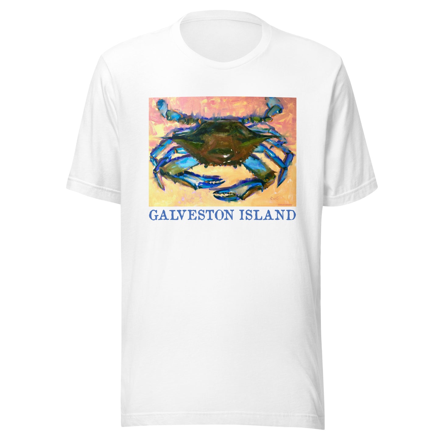 Galveston Island - Blue Crab - Dark Font - from oil painting - Unisex t-shirt