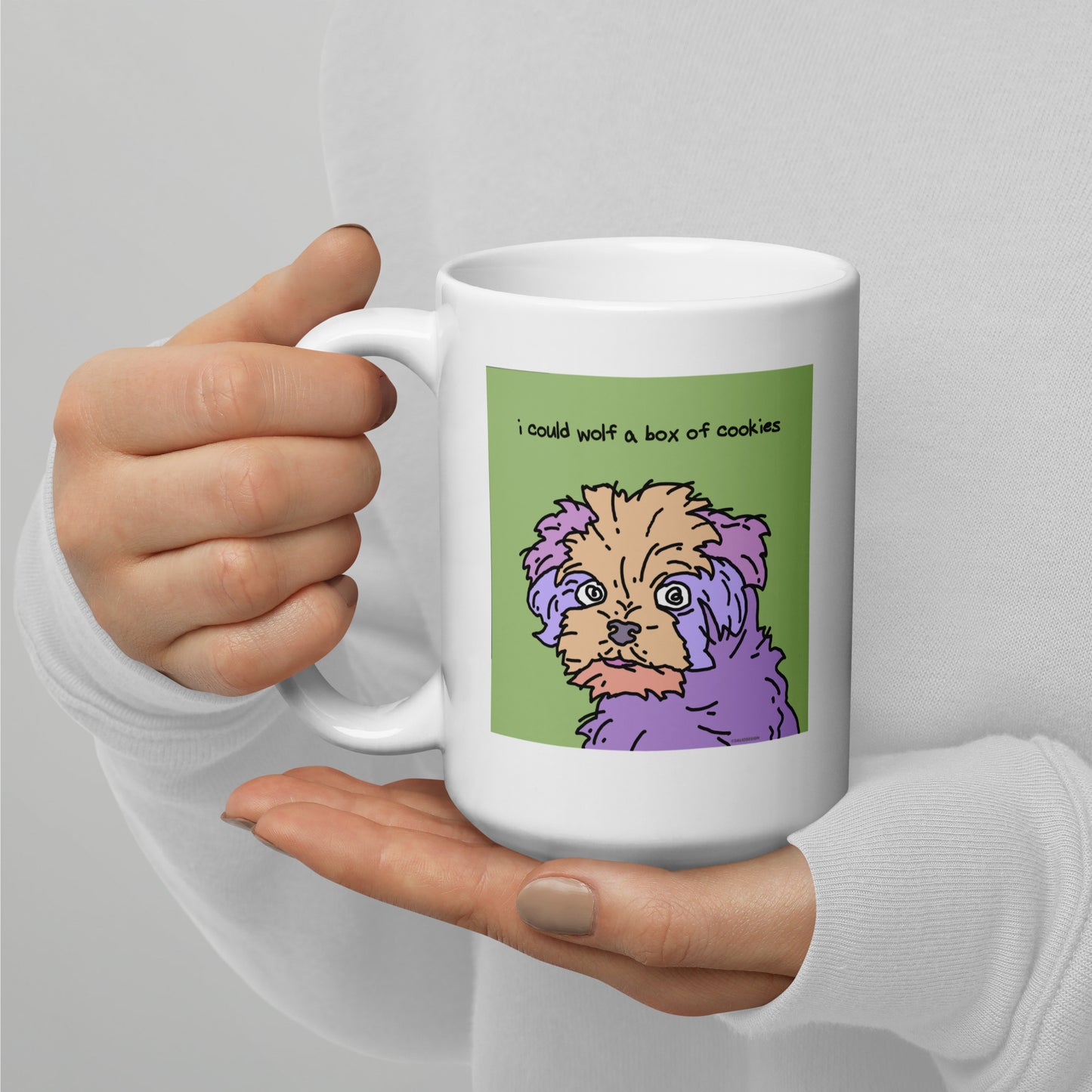 I could wolf a box of cookies - 15 oz White glossy mug - designs on both sides