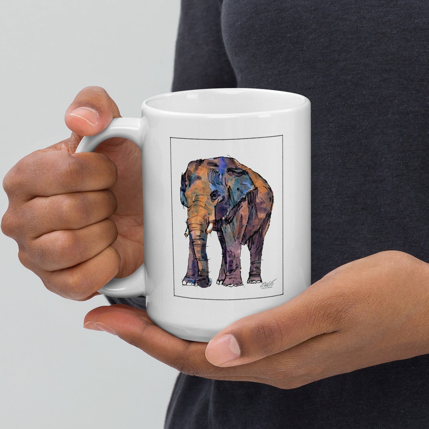 Asian Elephant - 15 oz White glossy mug - designs on both sides