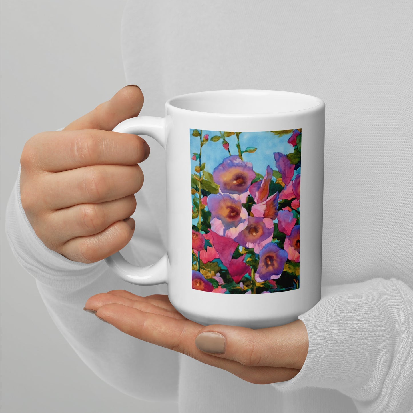 Hollyhocks - 15 oz White glossy mug - designs on both sides