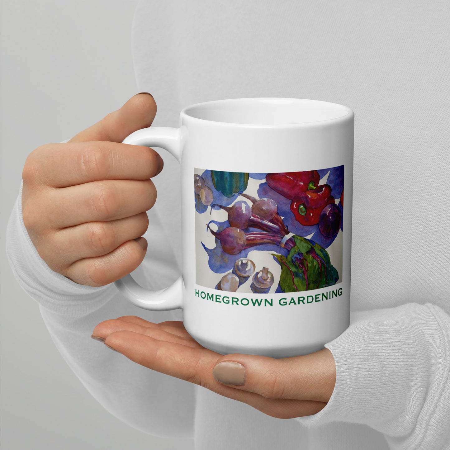 Homegrown Gardening - 15 oz White glossy mug - designs on both sides