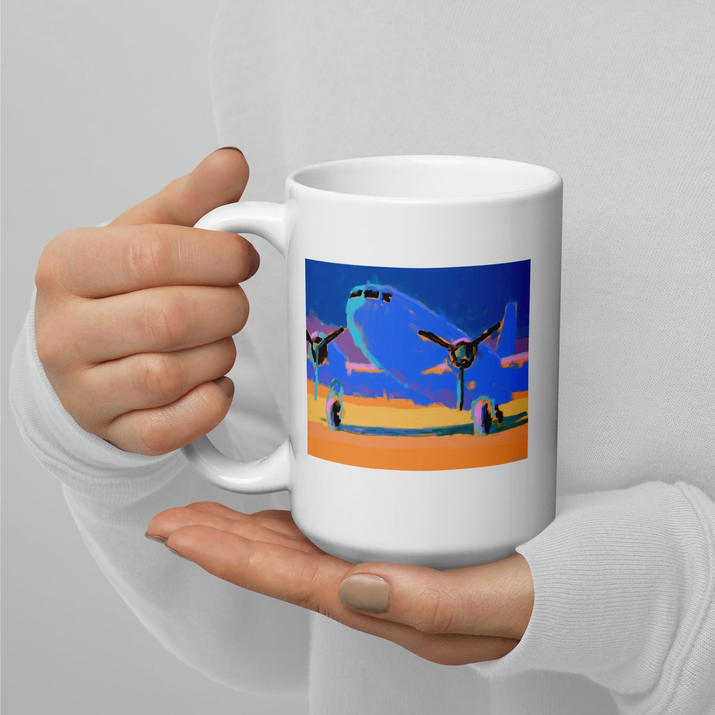 Airplane - Blue/Yellow - 15 oz White glossy mug - designs on both sides