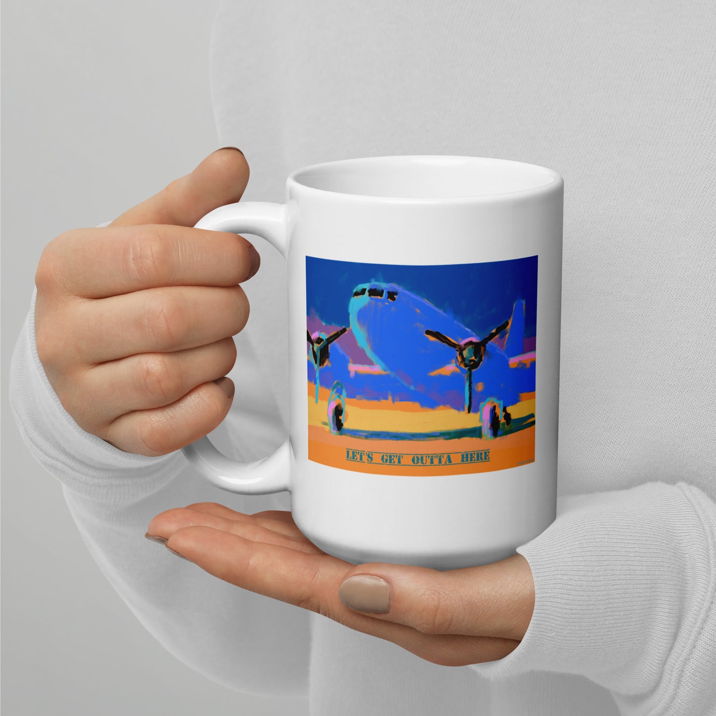 Let’s Get Outta Here - Blue/Yellow Airplane - 15 oz White glossy mug - designs on both sides