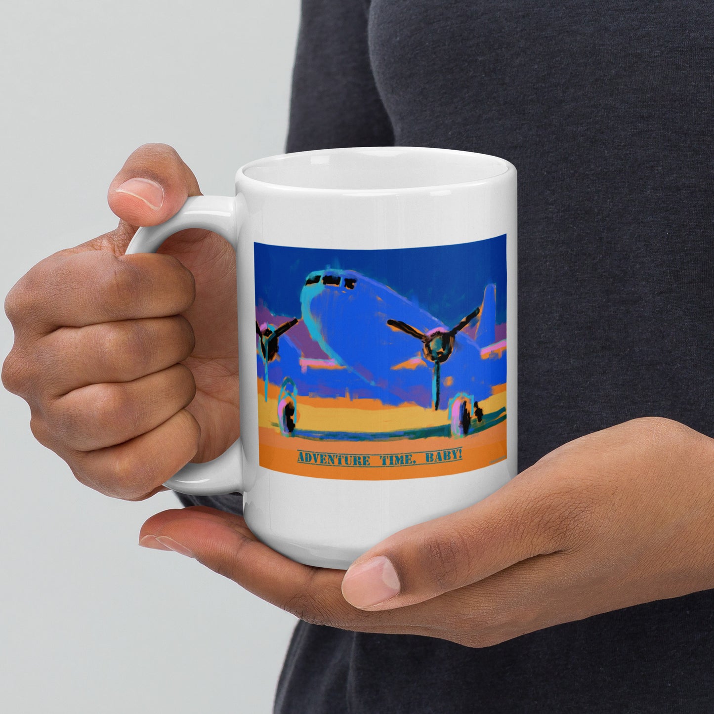 Adventure Time, Baby! - Blue/Yellow Airplane - 15 oz White glossy mug - designs on both sides