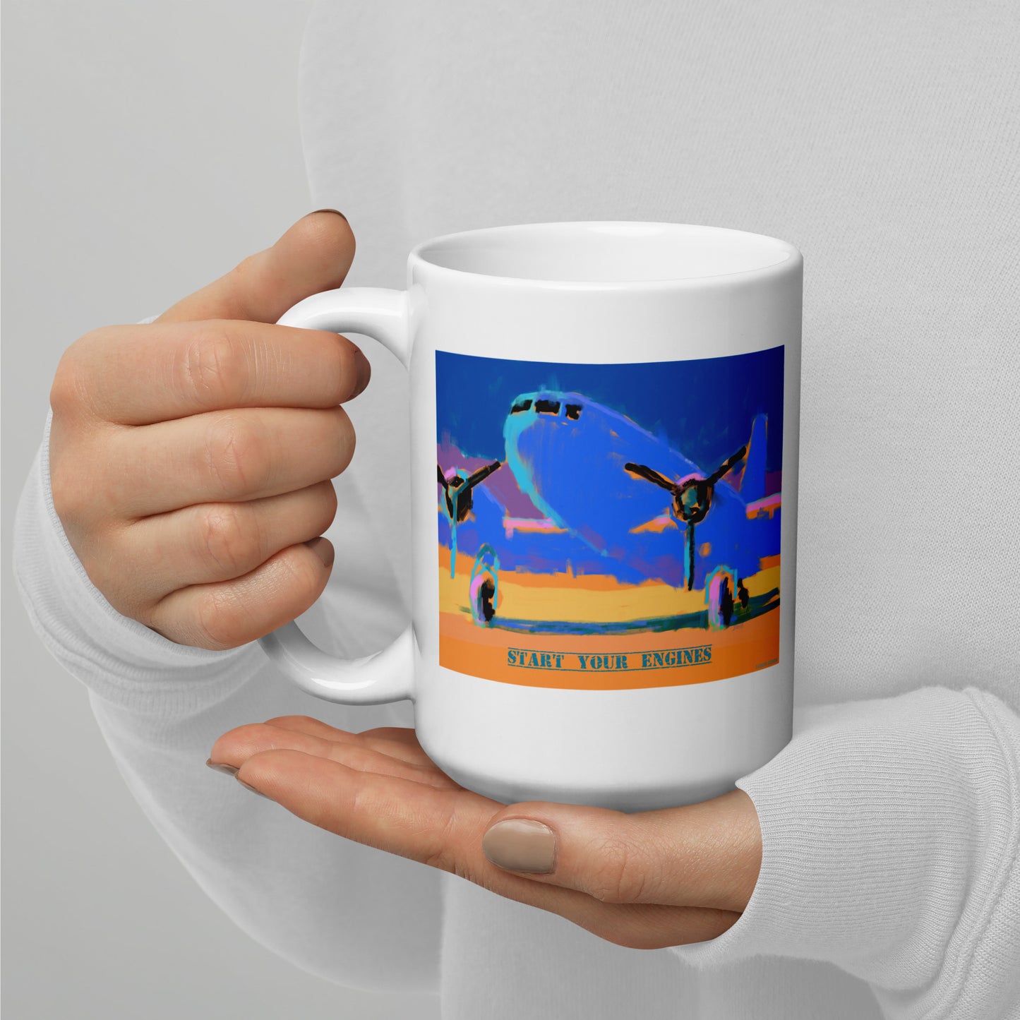 Start Your Engines - Blue/Yellow Airplane - 15 oz White glossy mug - designs on both sides