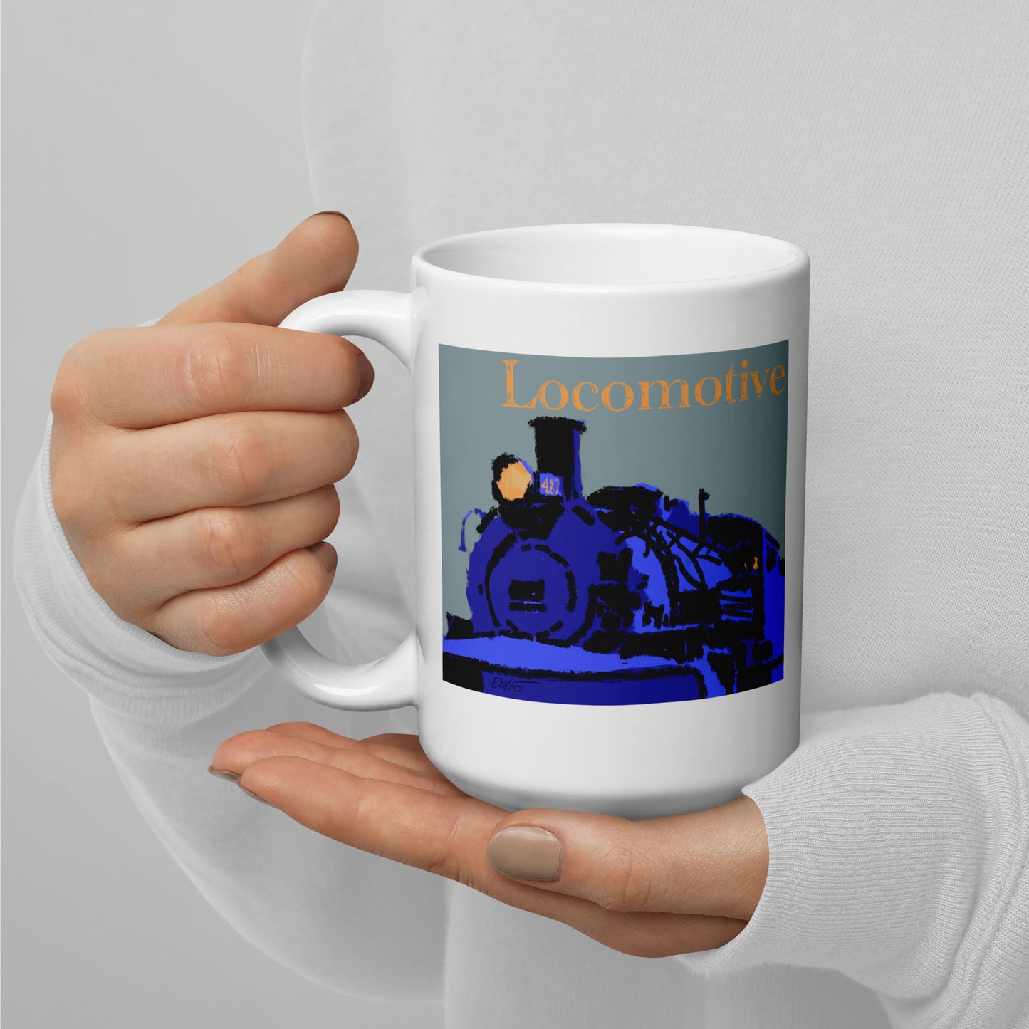 Locomotive - Blue Graphic w/text - 15 oz White glossy mug - designs on both sides