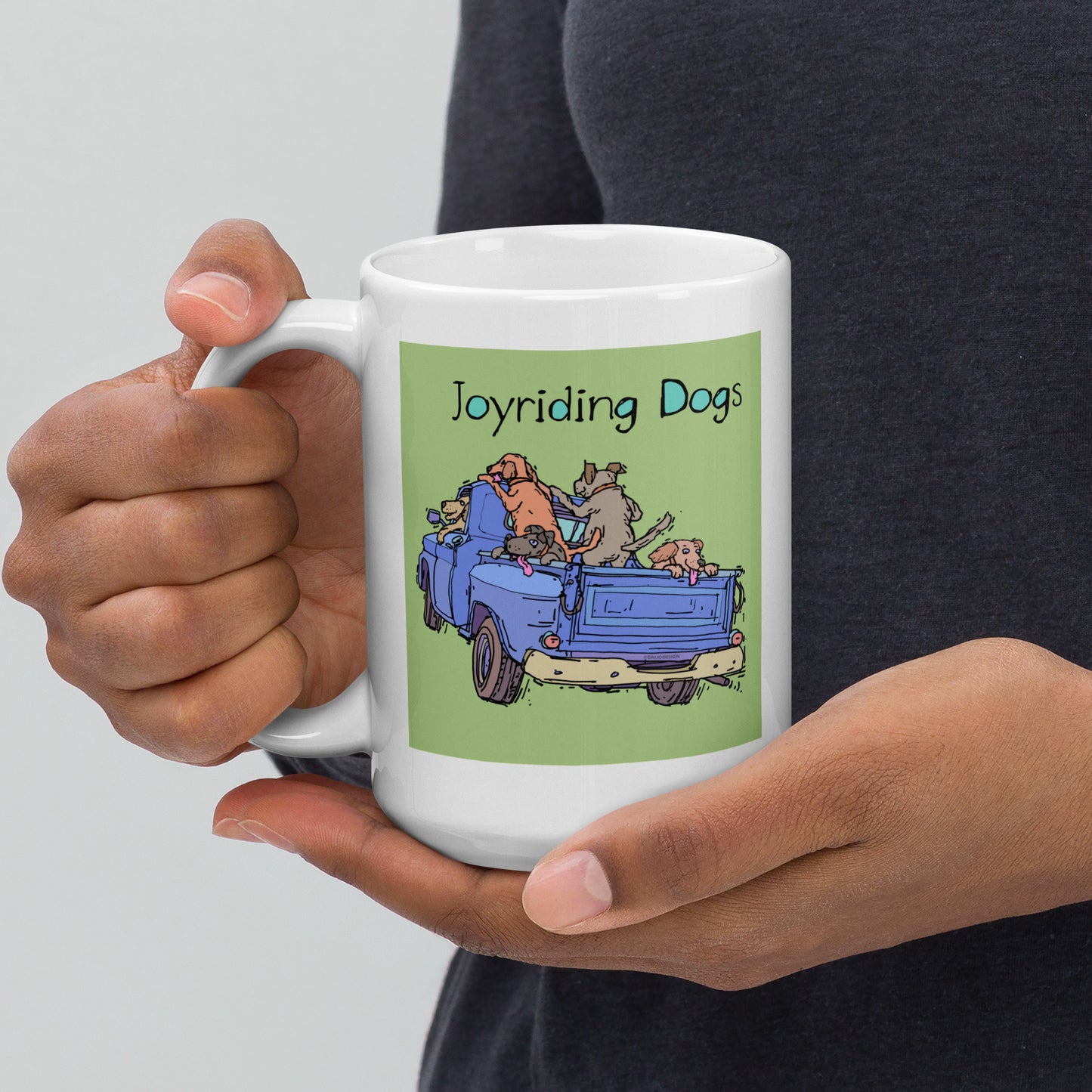 Joyriding Dogs - Blue Pickup - 15 oz White glossy mug - designs on both sides