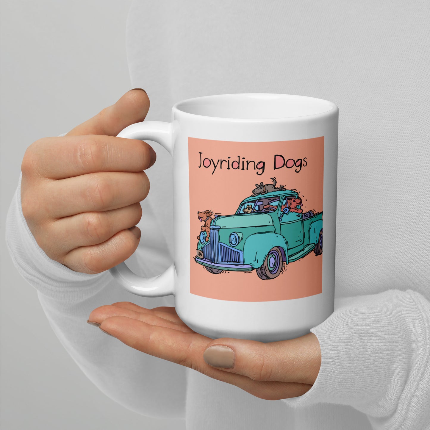 Joyriding Dogs - Green Pickup - 15 oz White glossy mug - designs on both sides