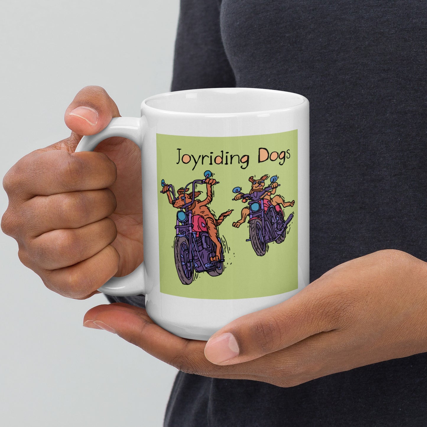 Joyriding Dogs - Two Motorcycles - 15 oz White glossy mug - designs on both sides