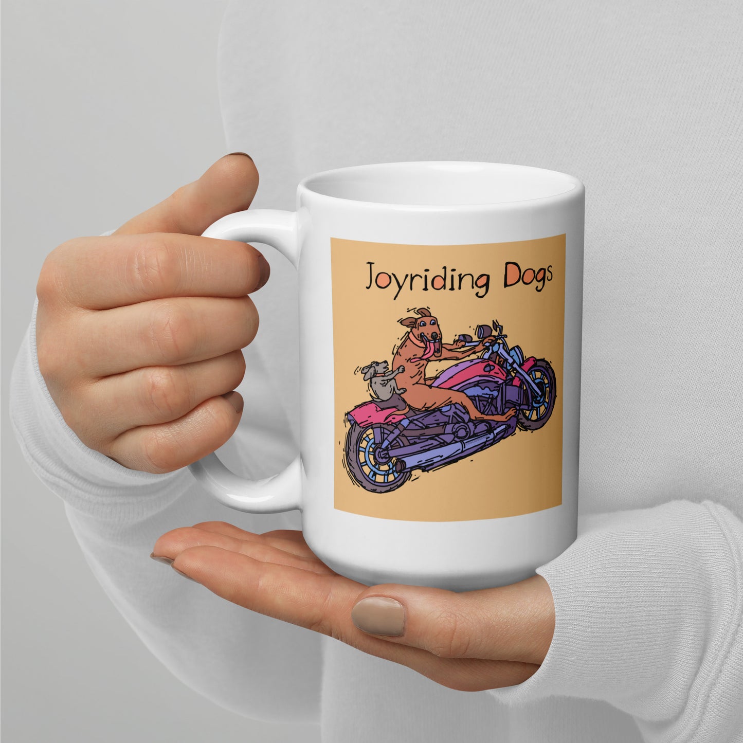 Joyriding Dogs - Two Riders Red Motorcycle - 15 oz White glossy mug - designs on both sides