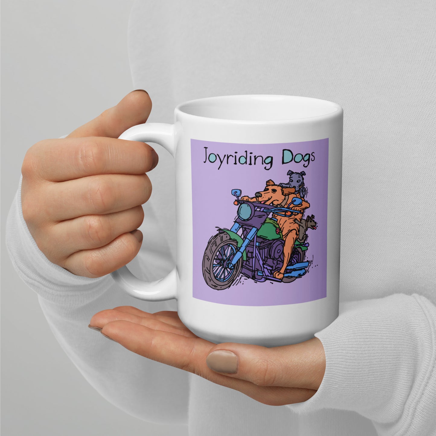 Joyriding Dogs - Green Motorcycle - 15 oz White glossy mug - designs on both sides