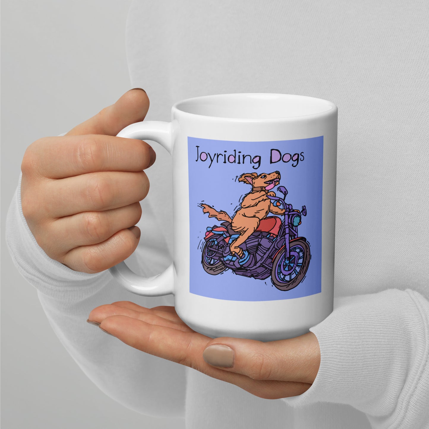 Joyriding Dogs - One Rider Red Motercycle - 15 oz White glossy mug - designs on both sides