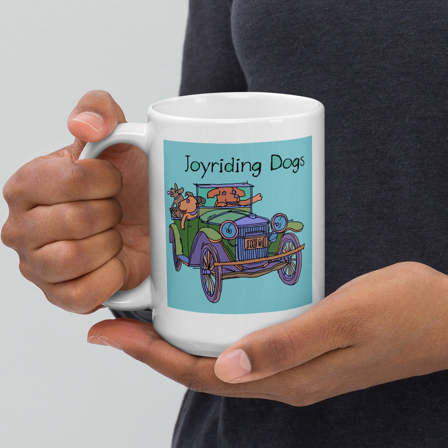 Joyriding Dogs - Green Car - 15 oz White glossy mug - designs on both sides