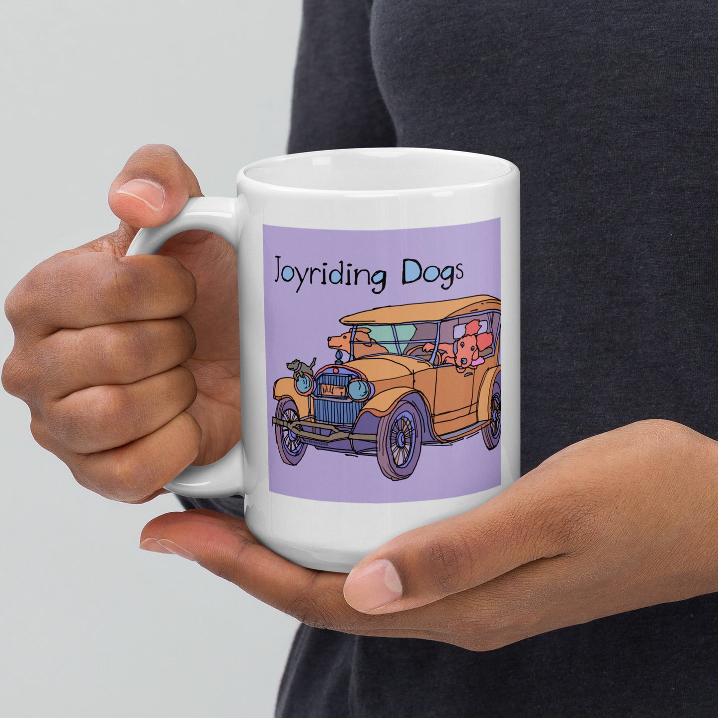 Joyriding Dogs - Yellow Car - 15 oz White glossy mug - designs on both sides